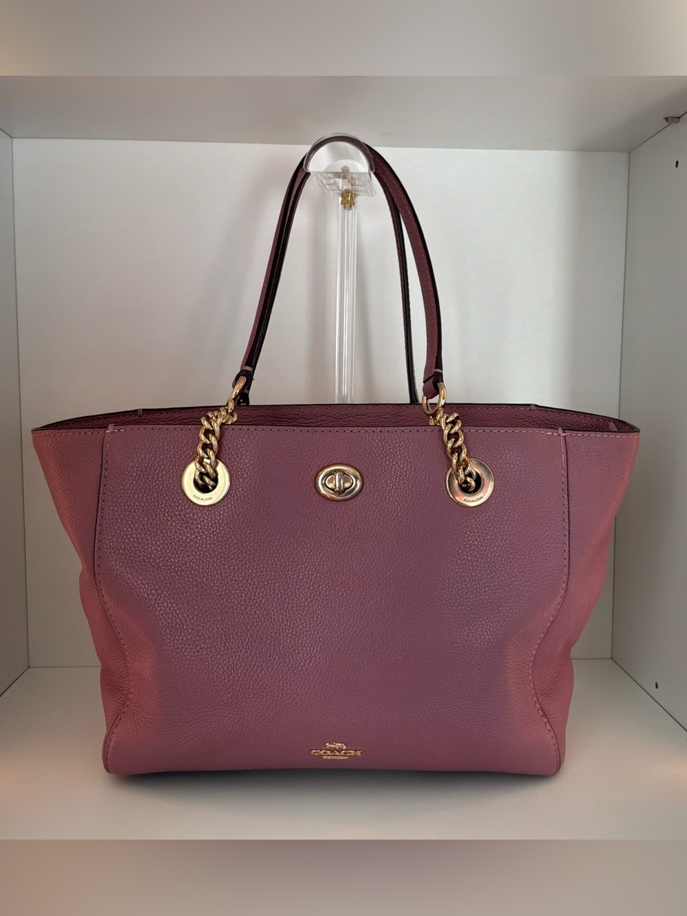 Coach Turnlock Chain Tote. Pebbled Leather in Plum with Gold Hardware Accents